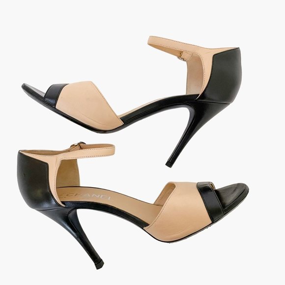 Chanel Two Tone CC Sandals EU 39.5 US 8.5-9 Beige Black Peep Toe High Heels - Picture 8 of 13